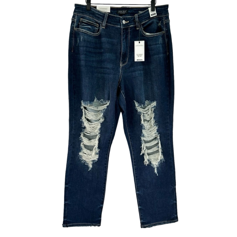 JUDY BLUE Mid Rise Heavy Distressed Straight Fit Dark Wash NEW Blue Jeans 18W